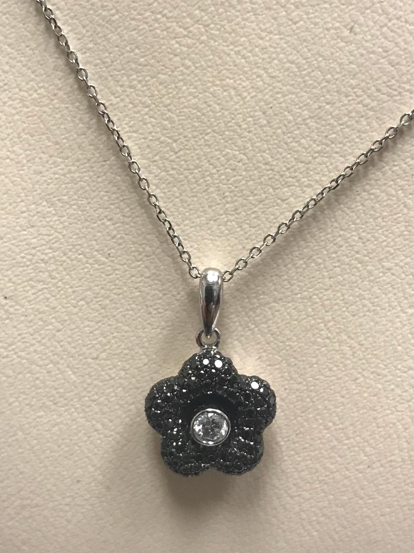 Black Flower Pendant With Diamond Center Stone
