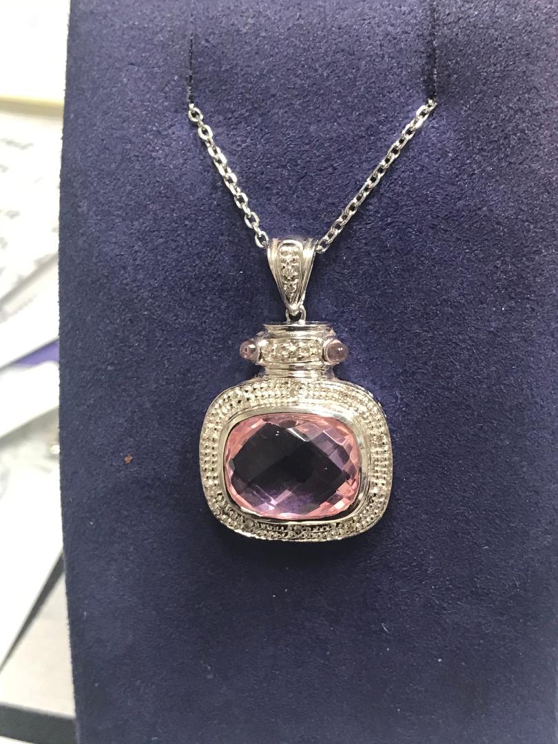 Womens diamond bezel with rose quartz pendant necklace